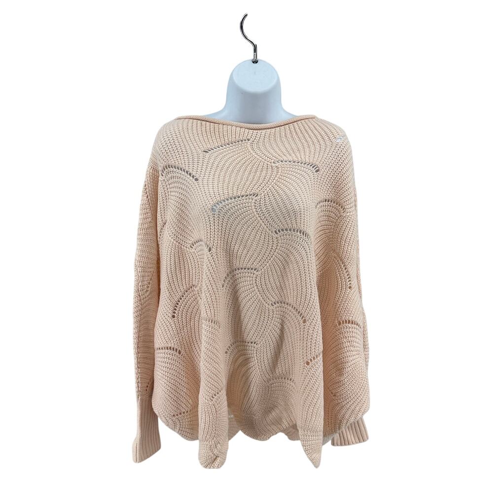 Holllow Out Design Batwing Long Sleeve Sweater WMN Large Pink Round Neck Knitted